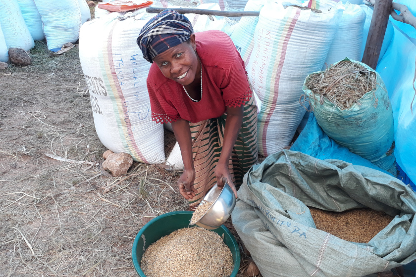 Une femme devant des sacs de graines, en train de remplir un sceau à partir d'un des sac.