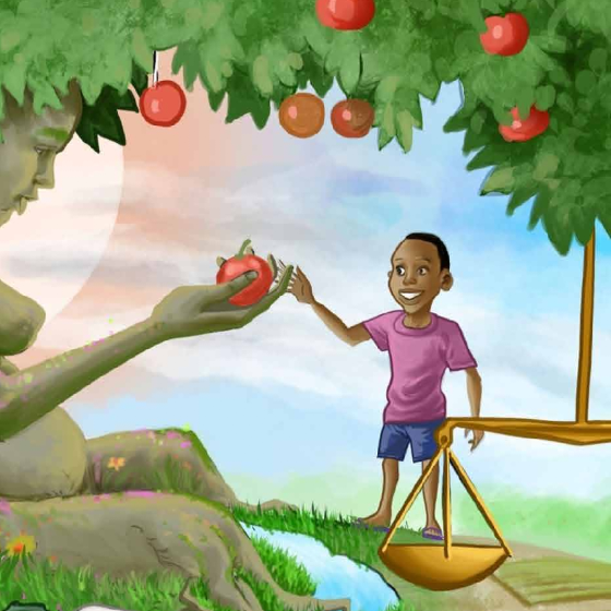 dessin d'un enfant sous un pommier portant plein de fruits