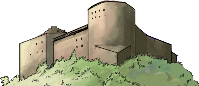 Illustration d’une forteresse en pierre émergeant au‑dessus d’une végétation dense.