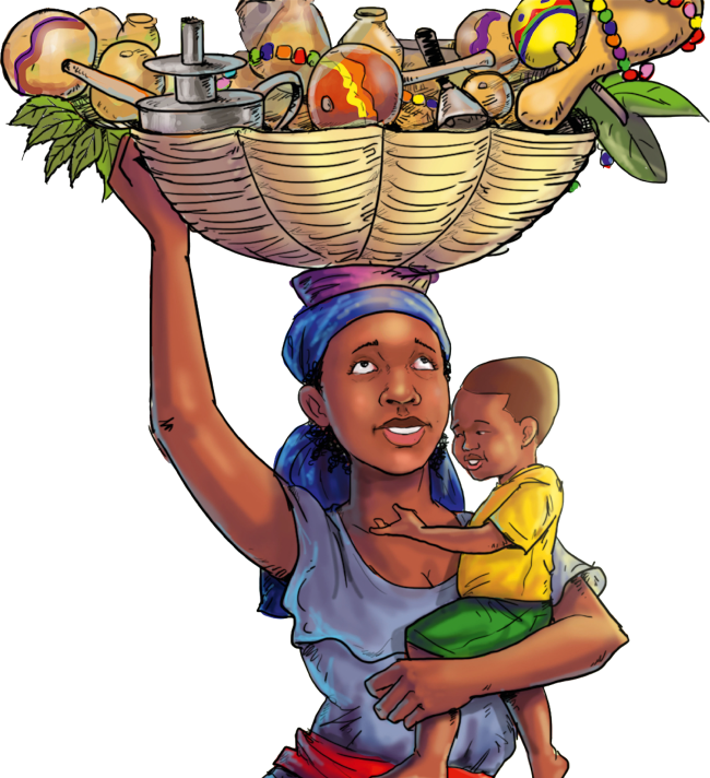 Illustration d’une femme portant un grand panier rempli d’objets artisanaux sur la tête, tout en tenant un jeune enfant dans ses bras.