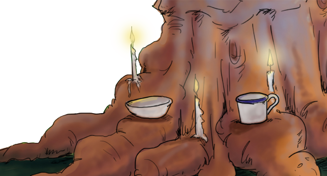 Dessin de bougies posés à un pieds d'arbre