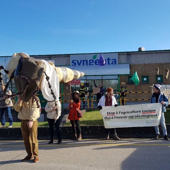 Manifestants devant les bireaux de Sybgenta. Une banderôle lis "Stop à l'agriculture toxique, Oui à l'avenir agroécoloqique"
