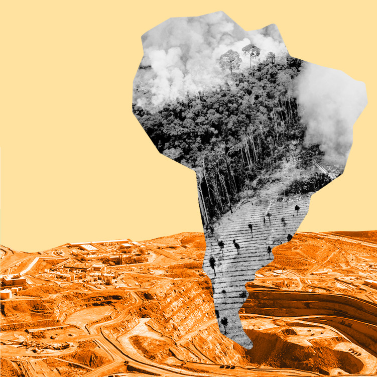 Illustration : dans les contours du continent sud-américain une photo en noir et blanc d'une forêt en fumé. En arrière plan un paysage dévasté par l'exploitation minière.