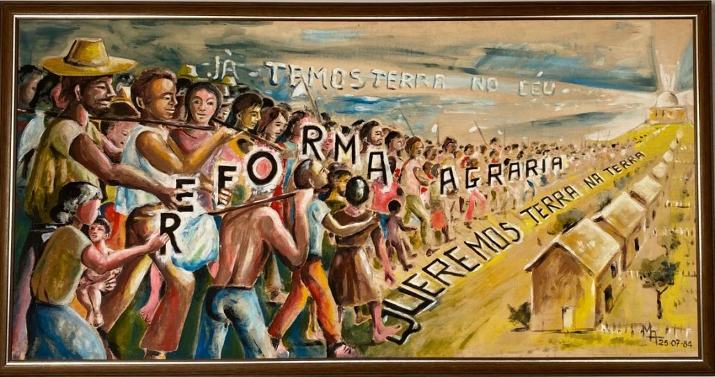 Peinture d'un grand groupe de personnes qui marchent ensemble vers des champs et des maisons