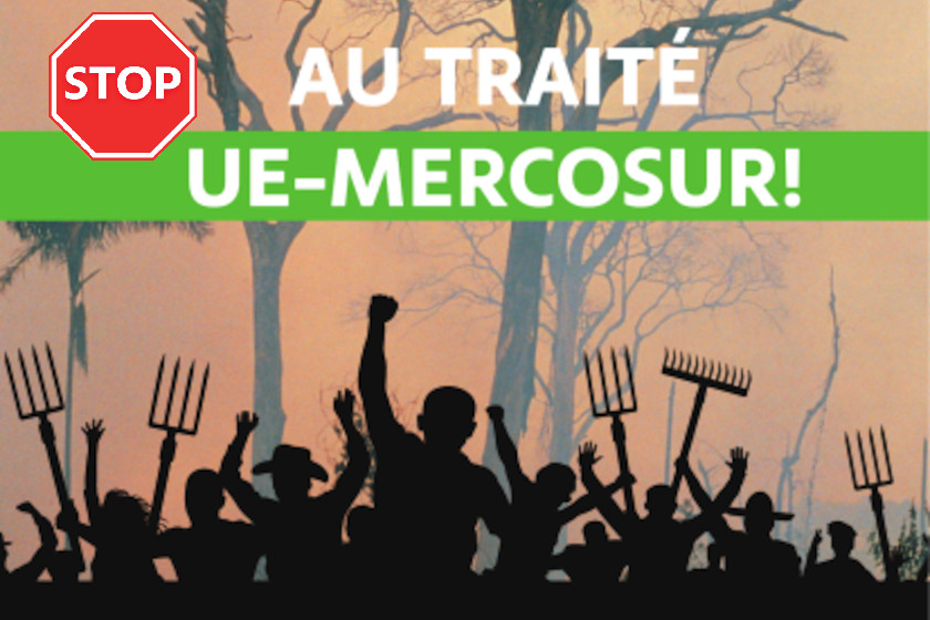 Dessin d'un groupe de manifestants. Texte : Stop au Traité UE-Mercosur !