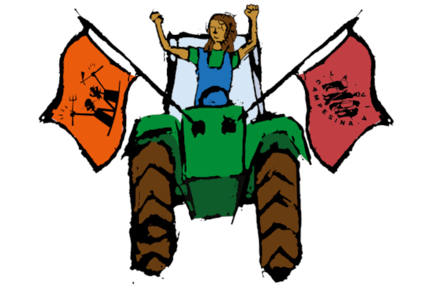 dessin : une agricultrices sur un tracteur avec deux drapeaux, un avec le logo de la via campesina, l'autre avec celui de la lutte paysanne belge