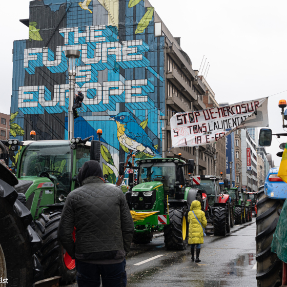 Des tracteurs en ville, une banderole "Stop UE-Mercosur" devant une frèsque murale avec les mots "The future is Europe"