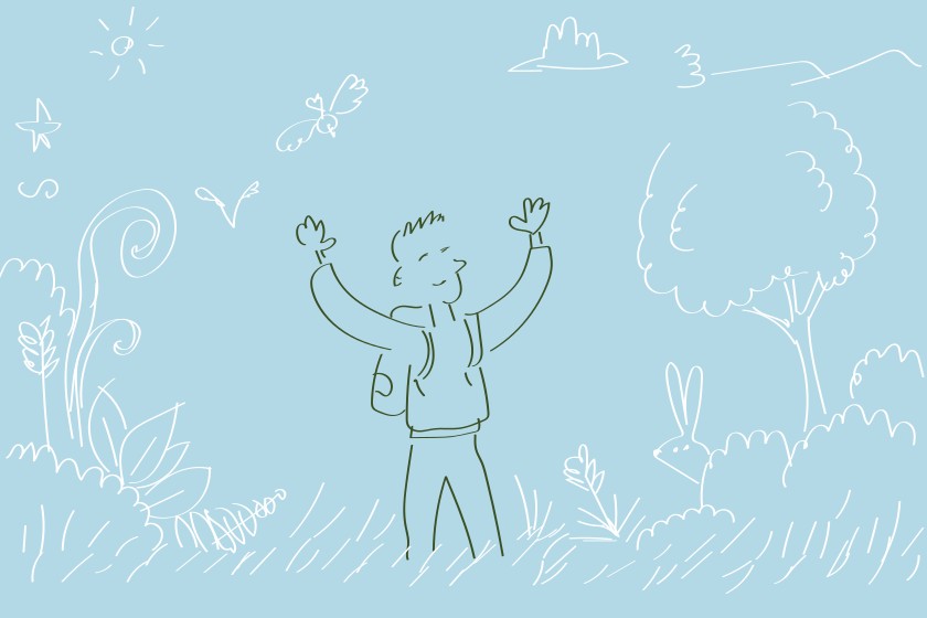 dessin : un bonhomme souriant avec sac à dos entouré de plantes, d'arbres, soleil, nuage, oiseau