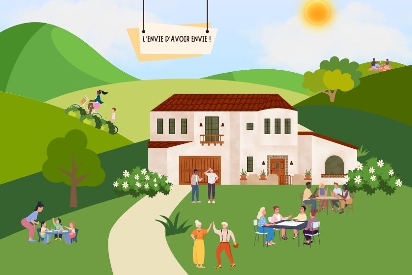 Illustration : une maison dans la nature. Des groupes de gens en train de pique-niquer, faire du vélo ou encore de jouer
