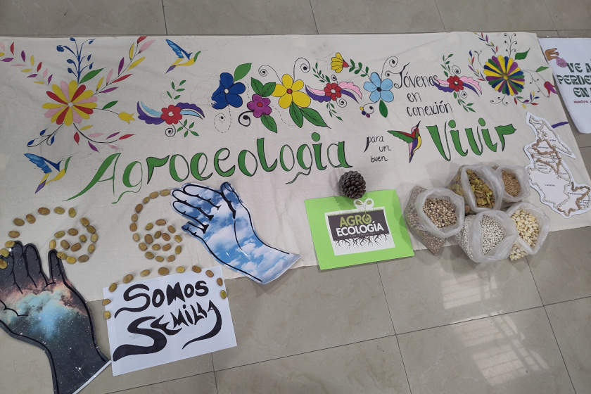 Une banderole colorié avec des dessins de fleurs et les mots Agroecologia Vivir
