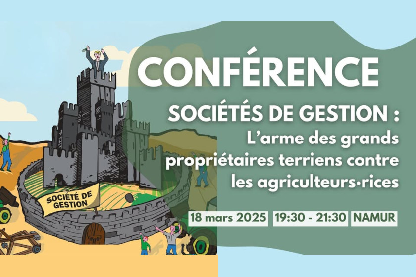 affiche : Sociétés de gestion : l’arme des grands propriétaires terriens contre les agriculteurices