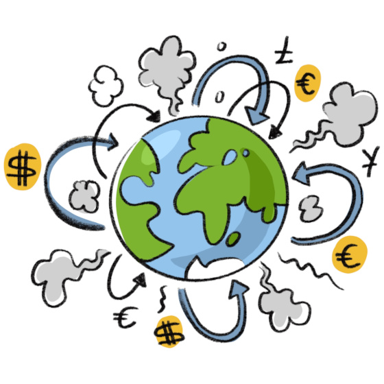 dessin : planète terre entourée de signes de dollar et euro, des flèches dans toutes les sens et des nuages noires
