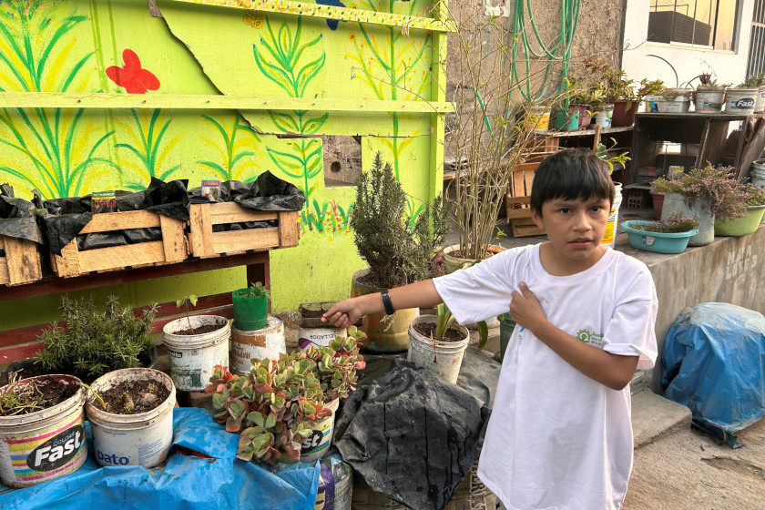 Un enfant montre des pots de plantes