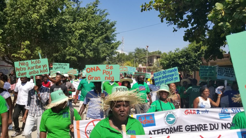 Une foule de manifestants sous le soleil avec des pancartes en haïtien