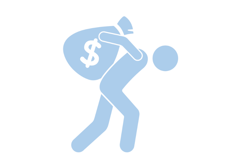 Pictogramme représentant un homme entrain de porter un sac d'argent lourd sur son dos en regardant vers le sol
