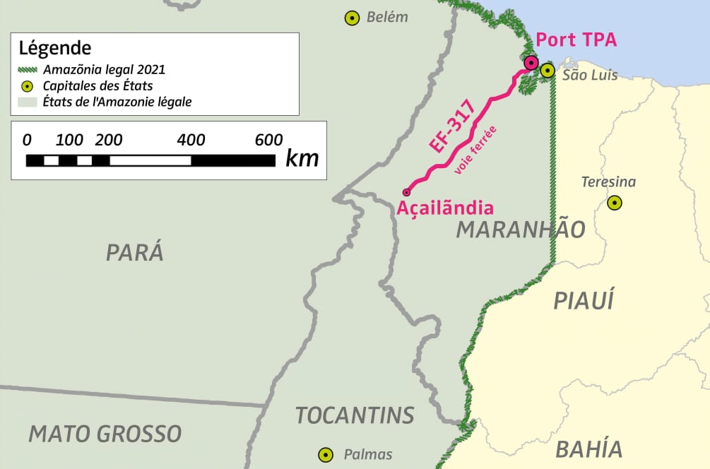 Carte de la partie nord-est de l’Amazonie légale brésilienne « Amazônia legal 2021 » avec l’emplacement du port TPA et du tracé de la voie ferrée EF-317.