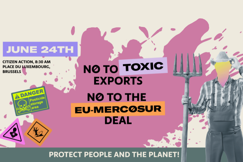 Image d'illustration avec de la peinture violette, un fermier tenant une fourche et le texte "No to toxic exports, no to the EU-Mercosur deal"