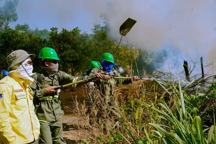 4 personnes luttent conte des flammes dans un champs avec des tuyaux d'eau.