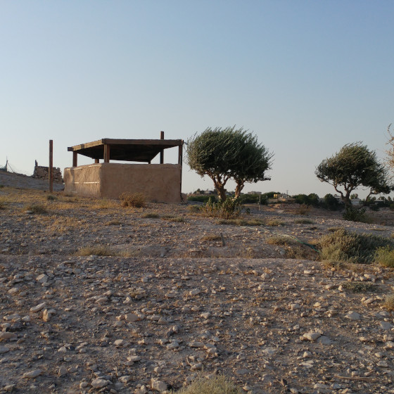 Paysage aride et sec avec deux arbres et une petite cabane