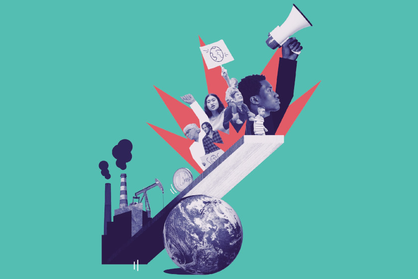 Collage : Une balançoire à bascule avec la planète terre comme pivot. D'un coté une usine polluante, de l'autre des gens avec pancartes et mégaphones. L'usine pèse plus lourd.