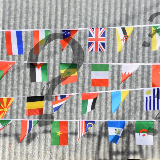 drapeaux de différent nations enfilées en guirlande. Des points d'intérrogation dessinés par dessus