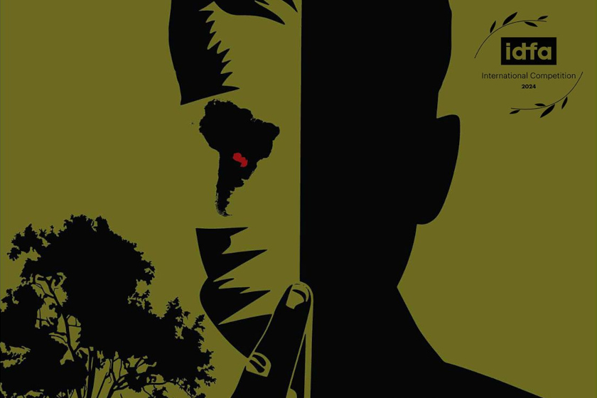 Illustration d'une silhouette humaine partagée en deux moitiés contrastées. L’une contient la forme du continent sud‑américain à la place de l'oeuil, l’autre est en ombre. Un doit fait un geste de silence.