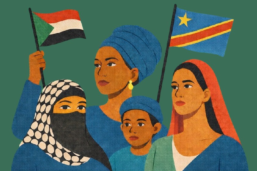 Illustration de 4 femmes : deux portants des drapeaux du RDC et du Soudan, une voilée en tissue noir et blanc