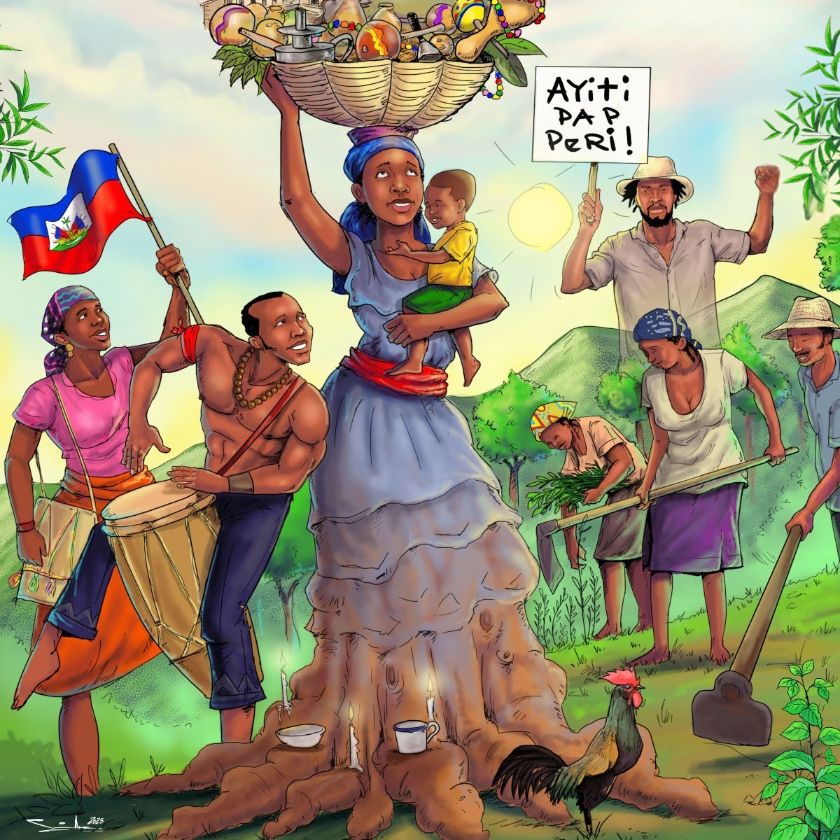 Illustration colorée représentant une scène de solidarité en Haïti. Au centre, une femme en robe porte un grand panier rempli de fruits et légumes sur la tête, tout en tenant un enfant dans ses bras. Autour d’elle, des personnes jouent du tambour, travaillent la terre ou lèvent le poing en signe de détermination. À gauche, un drapeau haïtien est brandi. À droite, un panneau porte l’inscription « Ayiti pap peri! ». Un coq au premier plan près des racines d’un grand arbre.