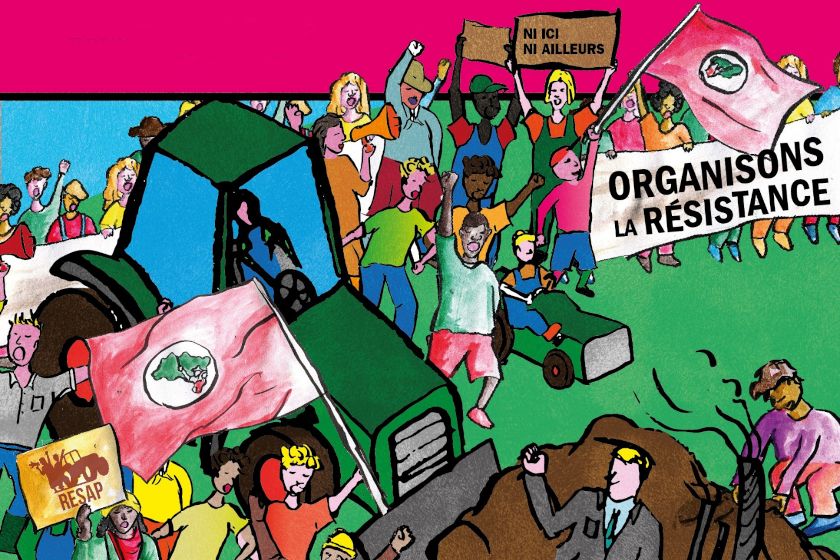 Dessin de manifestants avec des banderoles "organisons la résostance", "ni ici ni ailleurs" et des drapeaux "RESAP"