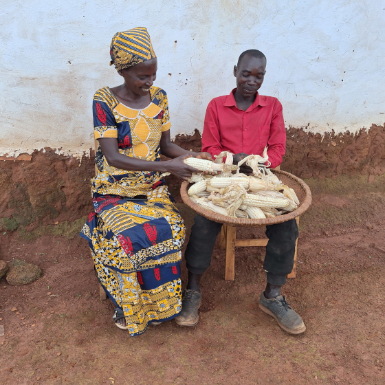 Deux personnes, une femme et un homme sont assises sur des tabourets et épluchent du maïs. Devant eux, un grand plateau rond est rempli d’épis de maïs disposés en tas. La scène se déroule en plein air, dans un environnement simple et rural.