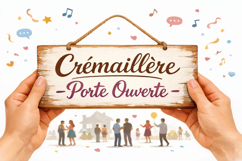 Deux mains tiennent une pancarte en bois indiquant “Crémaillère – Porte Ouverte”, avec en arrière‑plan un groupe de personnes rassemblées et des décorations festives.