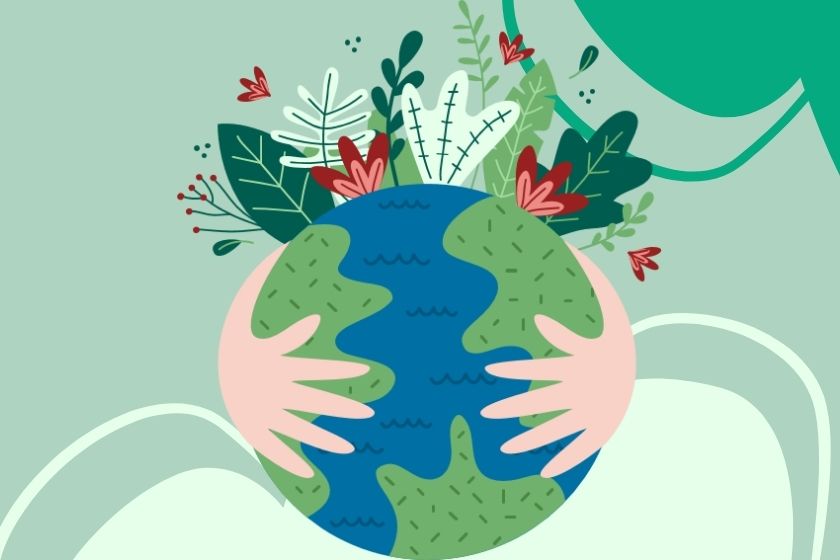 Illustration : une paire de mains embrassent la planete terre