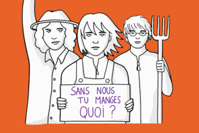 dessin de 3 personnes, avec pancarte et fourche